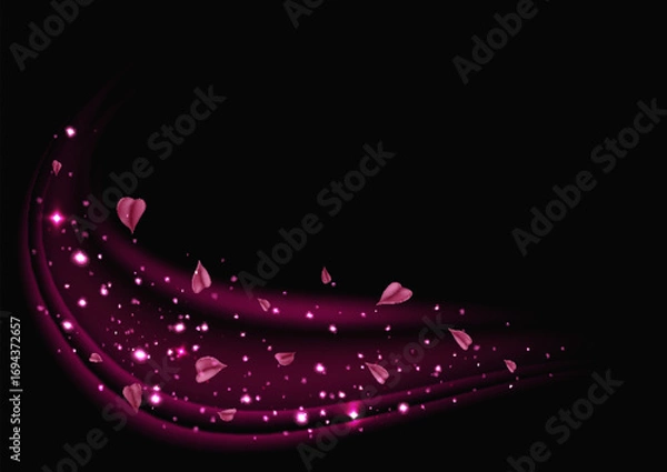 Fototapeta Pink fresh air or wind effect with leaves on transparent background. Vector realistic illustration with sparkling particles, sakura petals, romantic vortex, spring leaves