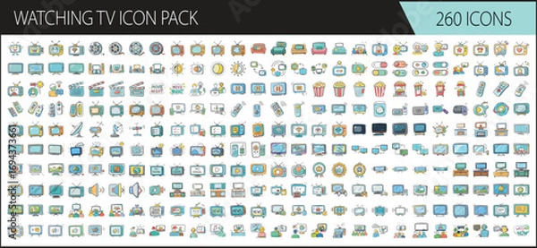 Fototapeta Watching TV Icon Pack - Collection of 260 icons themed around television watching, featuring TVs, remotes, couches, popcorn, streaming platforms, antennas, and entertainment scenes. Perfect for media 