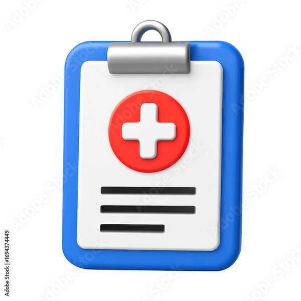 Fototapeta 3d medical clipboard with red cross symbol for healthcare documentation and records white background