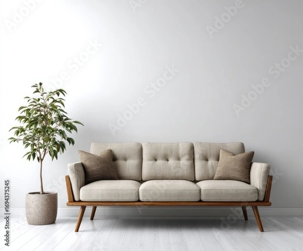 Fototapeta A light beige sofa with wooden legs sits against a light gray wall, accented by a potted plant, creating a tranquil and modern living room scene.