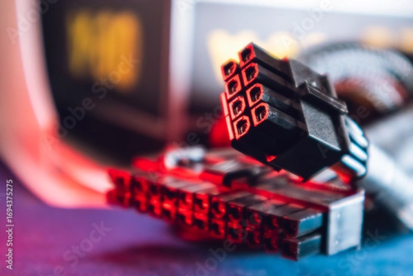 Fototapeta Cable connectors (8 and 24 pin) from power supply unit of desktop PC close-up. Computer wires in red light