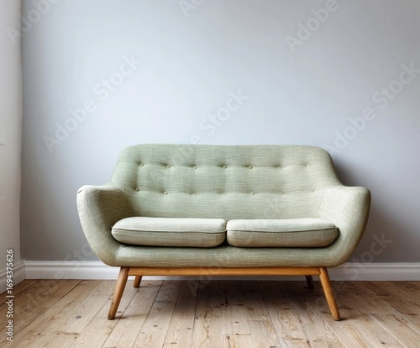Fototapeta A light sage green loveseat sits against a pale gray wall in a simple, stylish room.