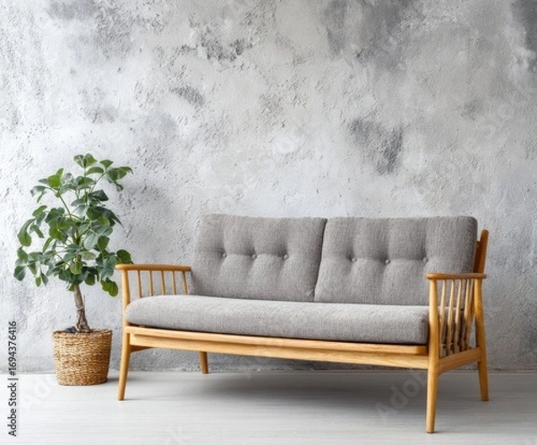 Fototapeta A light-filled room with a modern grey sofa and a potted plant, showcasing a neutral color palette against a textured concrete wall.