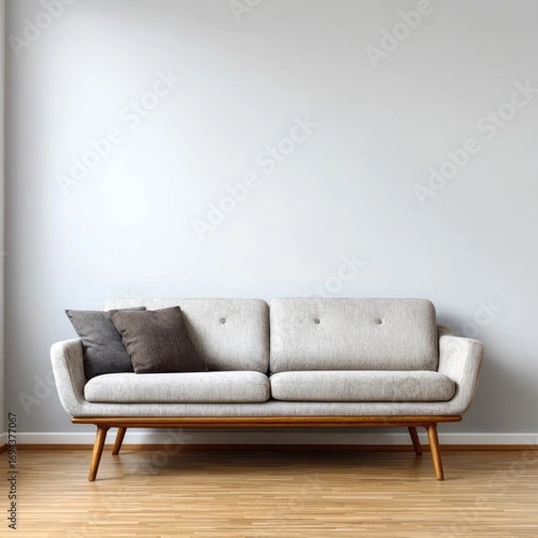 Fototapeta A light-gray sofa with dark-brown throw pillows rests against a pale-gray wall in a modern living room.