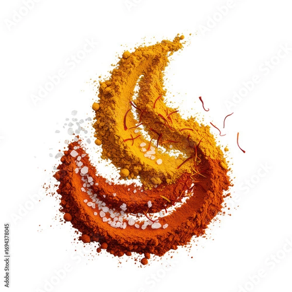 Fototapeta Macro, 45-degree shot of vibrant orange paprika and yellow turmeric spices swirled elegantly, accented with sparkling sea salt and saffron on a seamless transparent, concept of elegant culinary art