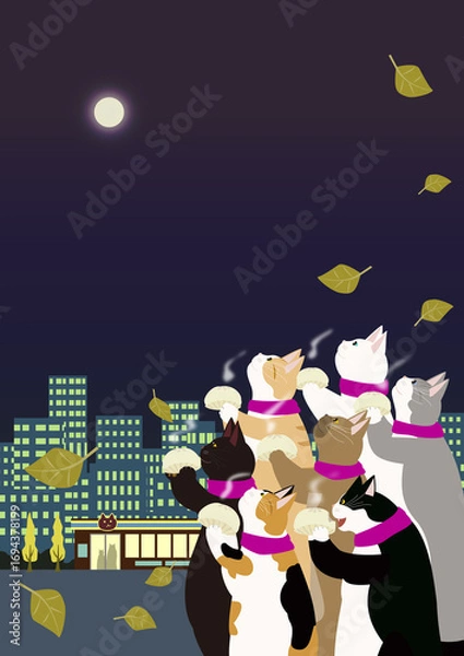 Obraz 満月を見ながらコンビニの肉まんを持つ7匹の猫