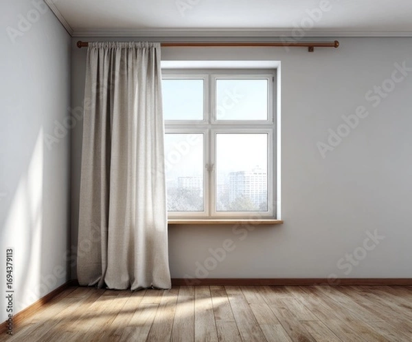 Fototapeta A light-filled room with a window, light beige curtains, and a wooden floor.