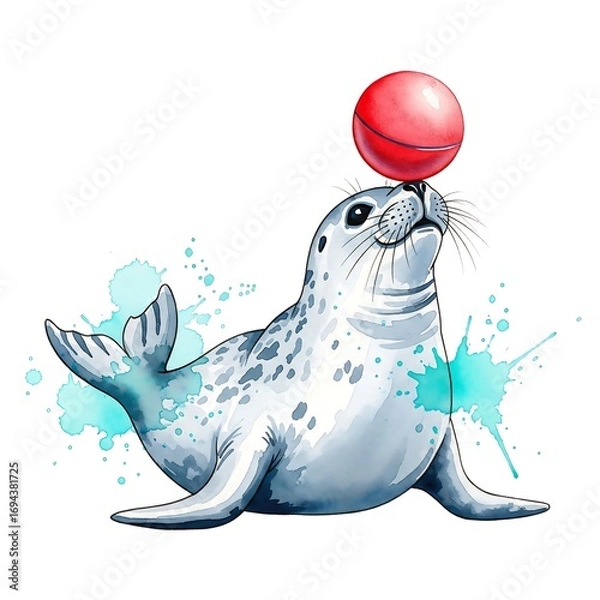 Fototapeta Watercolor illustration of a seal balancing a red ball isolated on white background