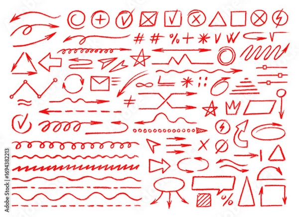 Fototapeta Doodle red crayon pencil hand drawn lines of arrow and underline, star and marks, highlight, check and cross symbols vector set. Marker sketches for annotations, infographics and presentations