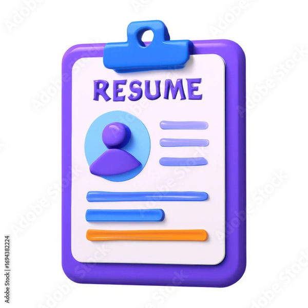 Fototapeta Stylized 3d resume icon clipboard with professional profile information and job application elements white background