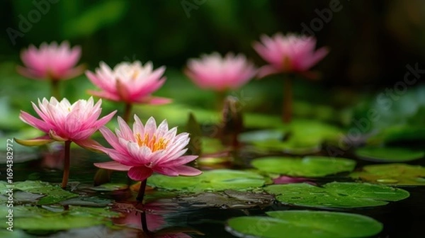 Fototapeta Stunning photo of pink lotus flowers blooming on tranquil pond with green lily pads and buds, nature background with copy space for text.