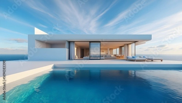 Fototapeta Modern Minimalist Villa with Infinity Pool Overlooking Ocean View