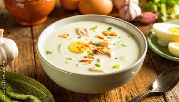 Fototapeta A hearty and savory bowl of traditional creamy white soup with sausage, hard-boiled egg, and chives on a rustic wooden background