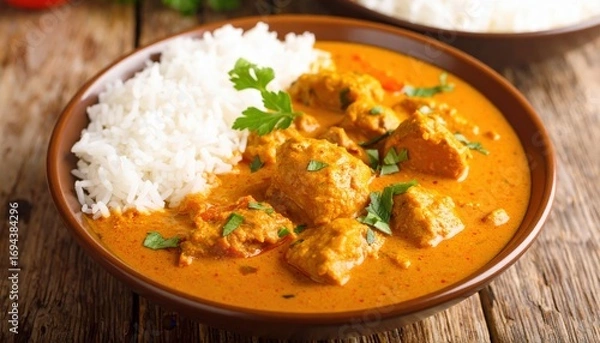 Fototapeta Delicious homemade chicken curry with a creamy tomato sauce served with fluffy white rice in a rustic bowl on a wooden table