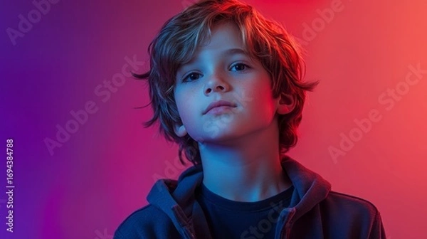 Fototapeta A young boy, bathed in vibrant hues of red and blue, gazes directly at the camera, radiating a thoughtful and serious expression.