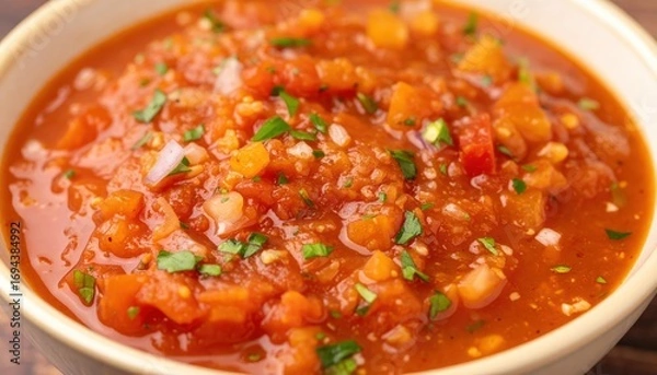 Fototapeta A delicious close-up of a rustic bowl filled with freshly made chunky tomato salsa, a savory Mexican dip with onions and cilantro