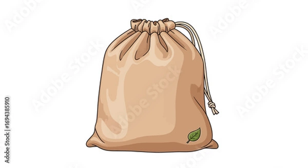 Fototapeta Illustration of a beige drawstring bag with a small green leaf graphic on the lower right corner, isolated on a white background.