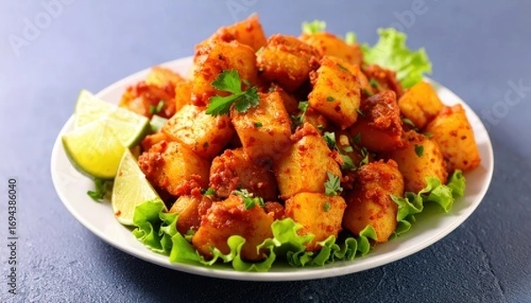 Fototapeta Deliciously spiced roasted potato cubes garnished with fresh parsley and lime, served on a bed of lettuce as a savory appetizer