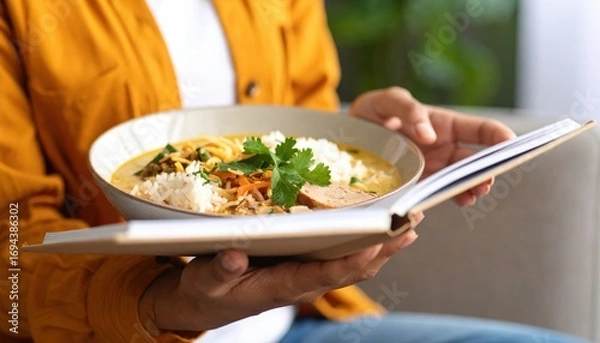 Fototapeta Close-up of a woman in a yellow shirt holding a comforting bowl of homemade curry soup and an open book while relaxing at home