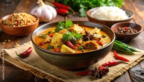 Fototapeta A vibrant and flavorful bowl of traditional red curry with tofu, garnished with cilantro and star anise, served with rice on a rustic wooden table