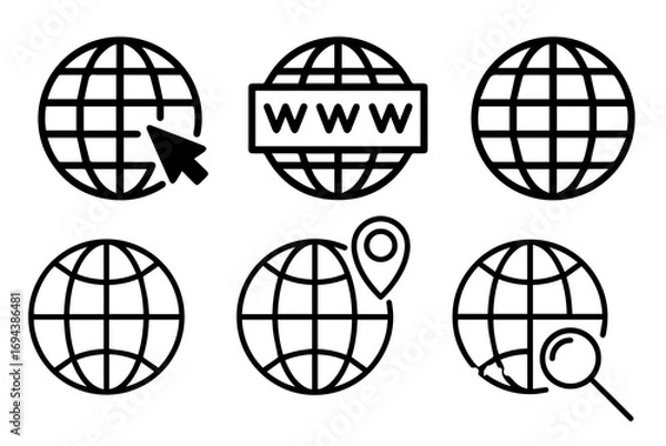 Fototapeta Set of line icons related to globe, earth, network. Outline icons collection. Editable stroke. Vector illustration