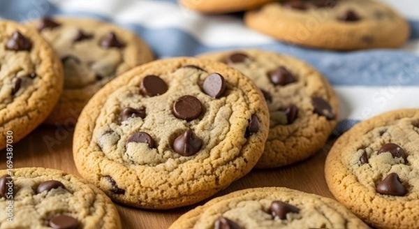 Fototapeta A delightful batch of classic homemade chocolate chip cookies cooling on a rustic wooden surface