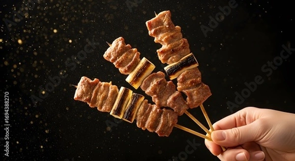 Fototapeta Savory grilled pork and scallion skewers, a traditional Japanese izakaya appetizer, held up against a black backdrop with a dusting of spice