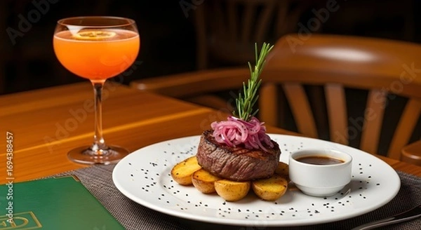 Fototapeta Gourmet filet mignon steak dinner with roasted potatoes, rosemary garnish, and sauce, served with a vibrant orange cocktail in an elegant restaurant setting