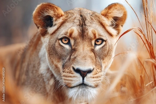 Fototapeta Close-up portrait of a lioness, showcasing intense gaze and tawny fur, with blurred background of tall grass.