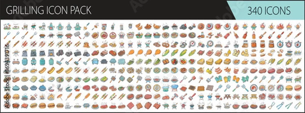 Fototapeta Grilling and barbecue food colorful icon pack - Large set of 340 colorful vector icons related to grilling and barbecue, featuring meats, vegetables, skewers, sauces, utensils, and grills.