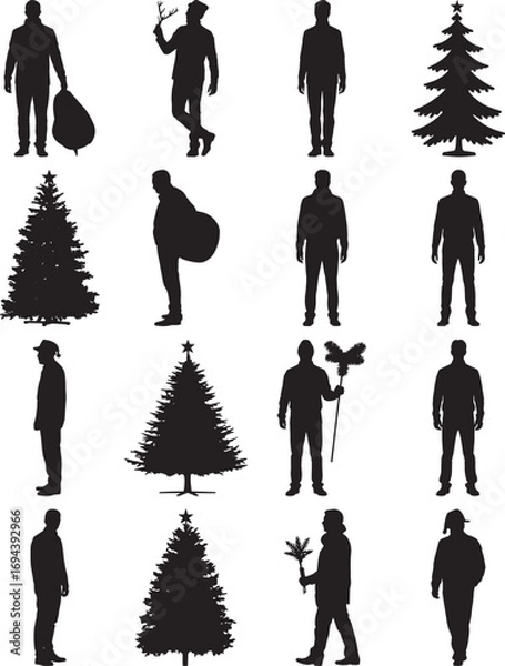 Fototapeta Christmas Silhouette Grid Featuring Human Figures with Holiday Accessories and Stylized Christmas Trees in Black and White
