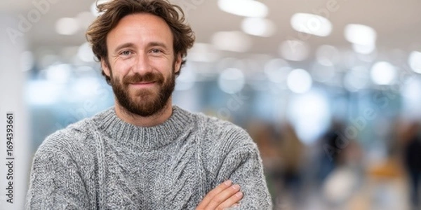 Fototapeta A confident man with a warm smile, wearing a gray knitted sweater, stands out against a softly blurred background of a modern interior.