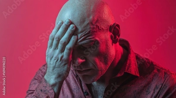 Fototapeta A close-up portrait of a man, head in hands, expressing deep distress against a vibrant red backdrop.  The intense lighting and focus on facial expressions highlight a moment of profound sadness.