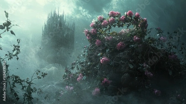 Fototapeta Mystical Garden Scene - Roses and Fog in a Dreamlike Atmosphere.