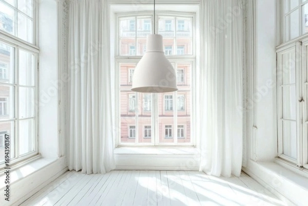 Fototapeta A sunlit room with large windows, sheer white curtains, and a minimalist pendant light, evokes a serene and airy atmosphere.