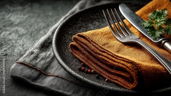 Obraz Minimalist table setting with fork and knife on empty plate, mustard yellow napkin on dark gray background, top down flat lay copy space.