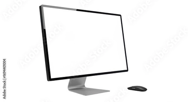 Fototapeta High-end 27-inch desktop monitor with ultra-slim black bezel, silver stand, and black wireless mouse, centered on transparent background, commercial product photography concept