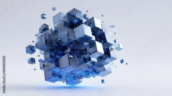 Fototapeta 3D abstract cubic structure of interconnected blue and metallic cubes with glowing particles, floating deconstruction effect symbolizing data, blockchain, and futuristic technology