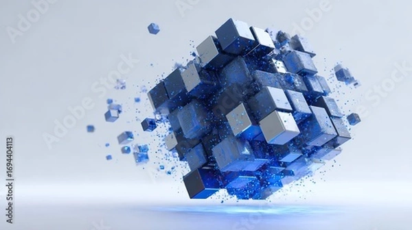 Fototapeta 3D abstract cubic structure of interconnected blue and metallic cubes with glowing particles, floating deconstruction effect symbolizing data, blockchain, and futuristic technology