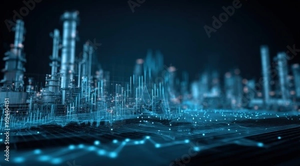 Fototapeta Industrial Plant Visualization with Digital Network Overlay: Modern Technology Integration for Energy Production and Innovation
