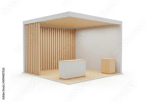 Fototapeta Modern exhibition booth design featuring natural wood accents and clean white counter for impactful displays