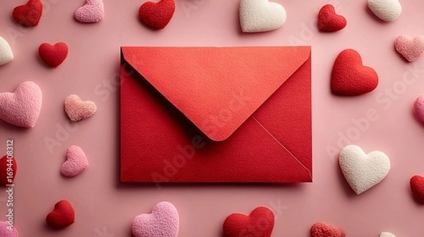 Fototapeta Red envelope surrounded by hearts expressing love on valentine's day