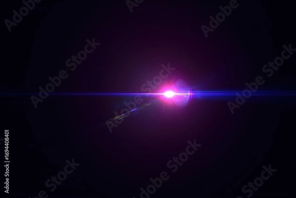 Fototapeta Futuristic 3D rendering of laser light beam with neon glow, colorful purple blue pink spotlight rays against dark background, abstract concert stage and dance show lighting design atmosphere