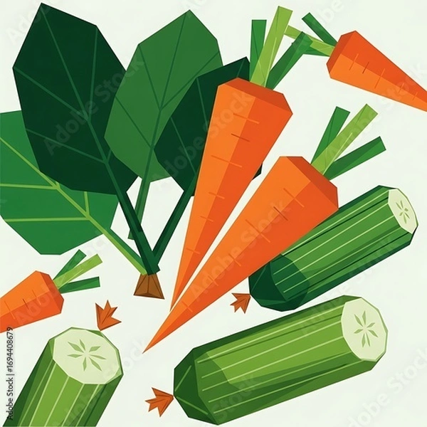 Fototapeta Fresh Carrots with Cucumbers, and Spinach.