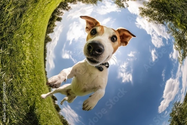 Fototapeta Jumping Jack Russell Terrier in vibrant green grass under blue sky with fisheye effect, playful active dog in dynamic outdoor scene