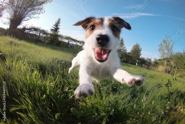 Fototapeta Happy Jack Russell terrier dog running towards camera on grassy field under sunny blue sky