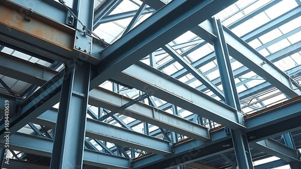 Obraz Industrial metal beams forming an abstract geometric composition in a construction setting with cool steel tones.