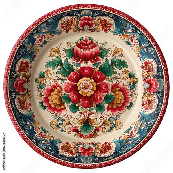 Fototapeta Decorative plate with floral pattern folk art painting style design isolated on transparent background
