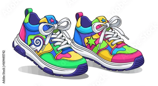 Fototapeta Two colorful cartoon sneakers with stars and swirls, white laces, and vibrant designs on a white background.