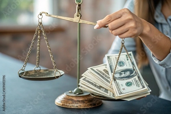 Fototapeta Dollars weighed on scale taken by female hand balancing money precisely
